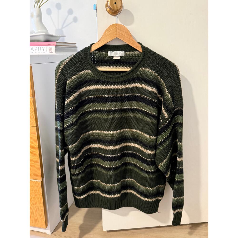 Vintage‎ Green Striped Knit Sweater Cozy Textured Neutral Grunge Minimalist ✨